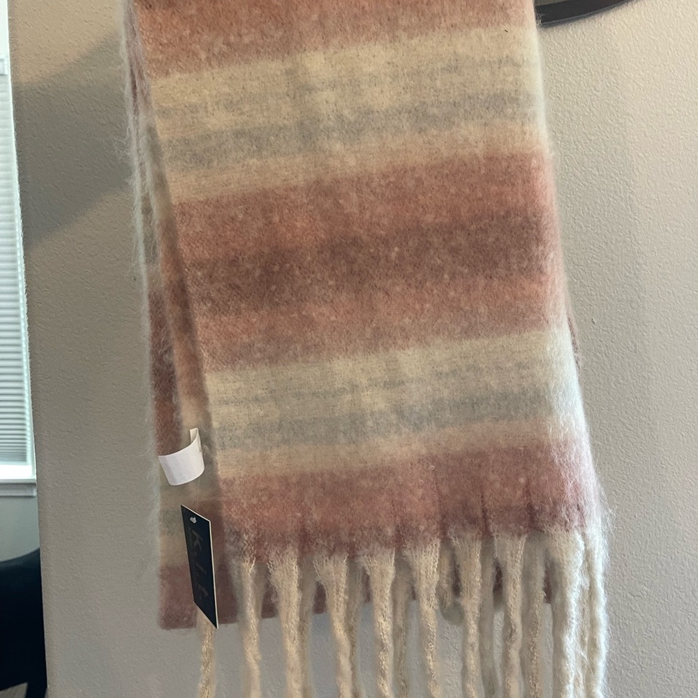 Cozy Striped Fringe Scarf in Blush, Cream & Gray
